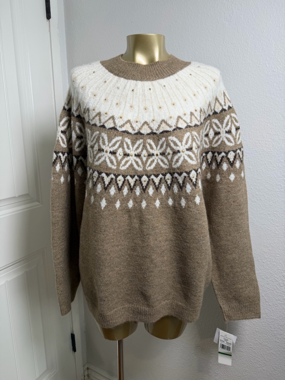 Alfred Dunner Taupe and Cream Fair Isle Crewneck Sweater L